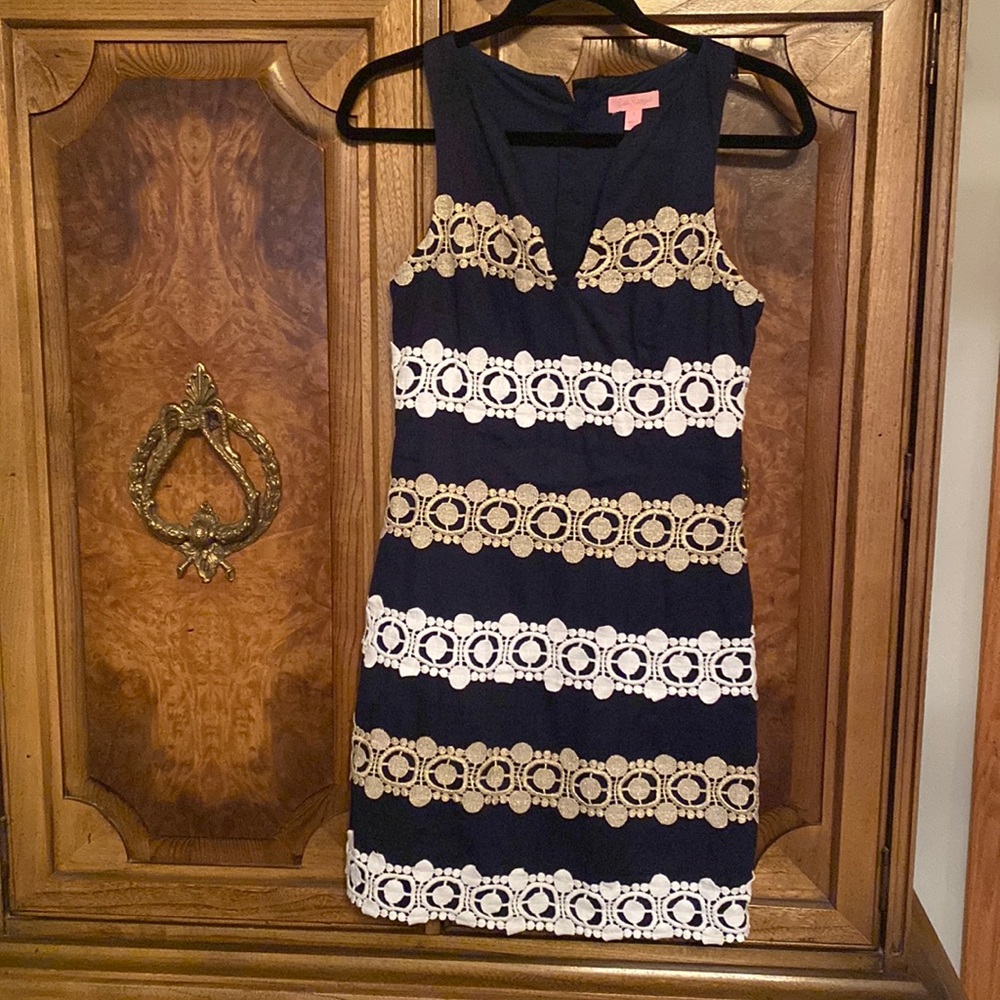 Lilly Pulitzer, navy textured fabric with gold and white lace.